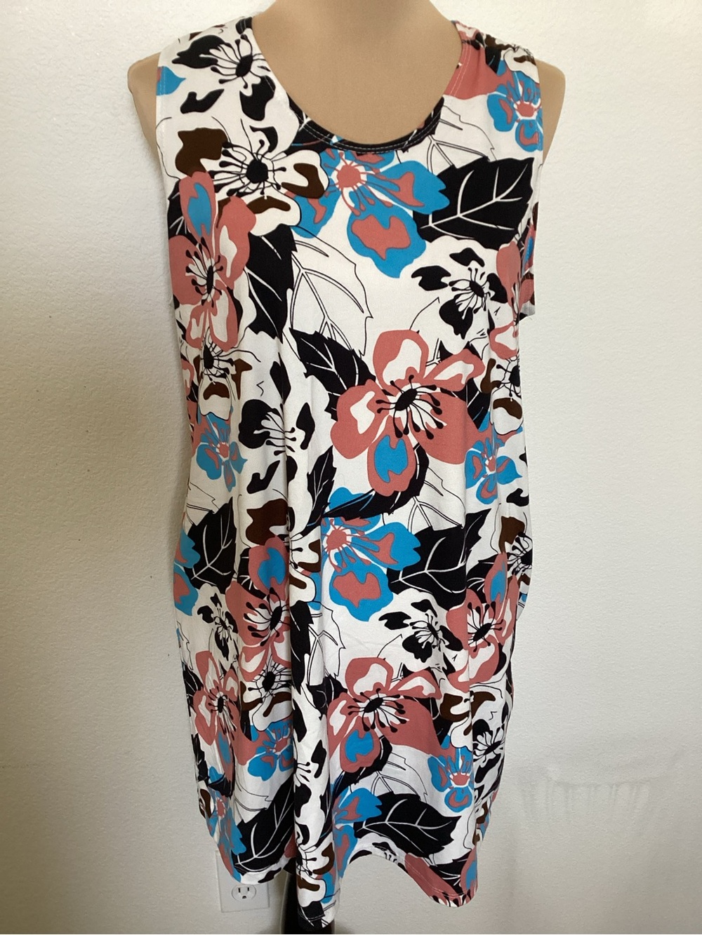 Sleeveless Midi Dress in White with Pink & Blue Floral Print